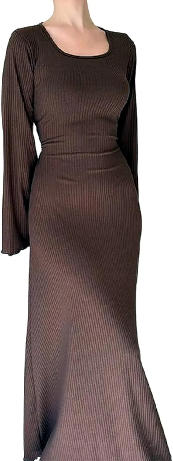 ZGMYC Women's Scoop Neck Lace Up Ribbed Maxi Dress Knit Flare Sleeve Bodycon Dress Loose Casual Long Dresses