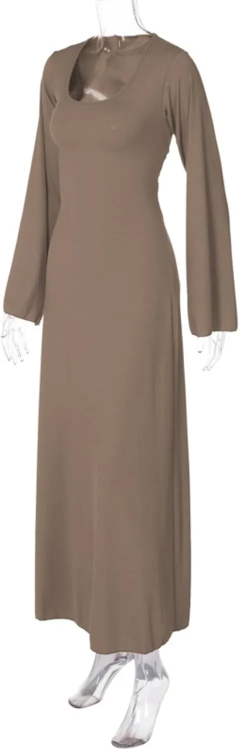 ZGMYC Women's Scoop Neck Lace Up Ribbed Maxi Dress Knit Flare Sleeve Bodycon Dress Loose Casual Long Dresses