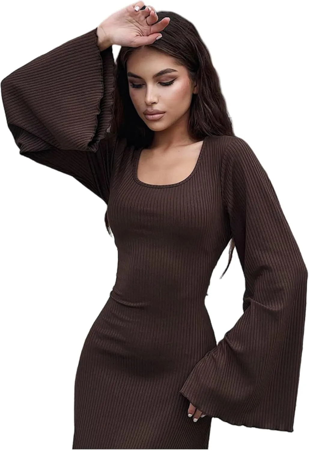 ZGMYC Women's Scoop Neck Lace Up Ribbed Maxi Dress Knit Flare Sleeve Bodycon Dress Loose Casual Long Dresses