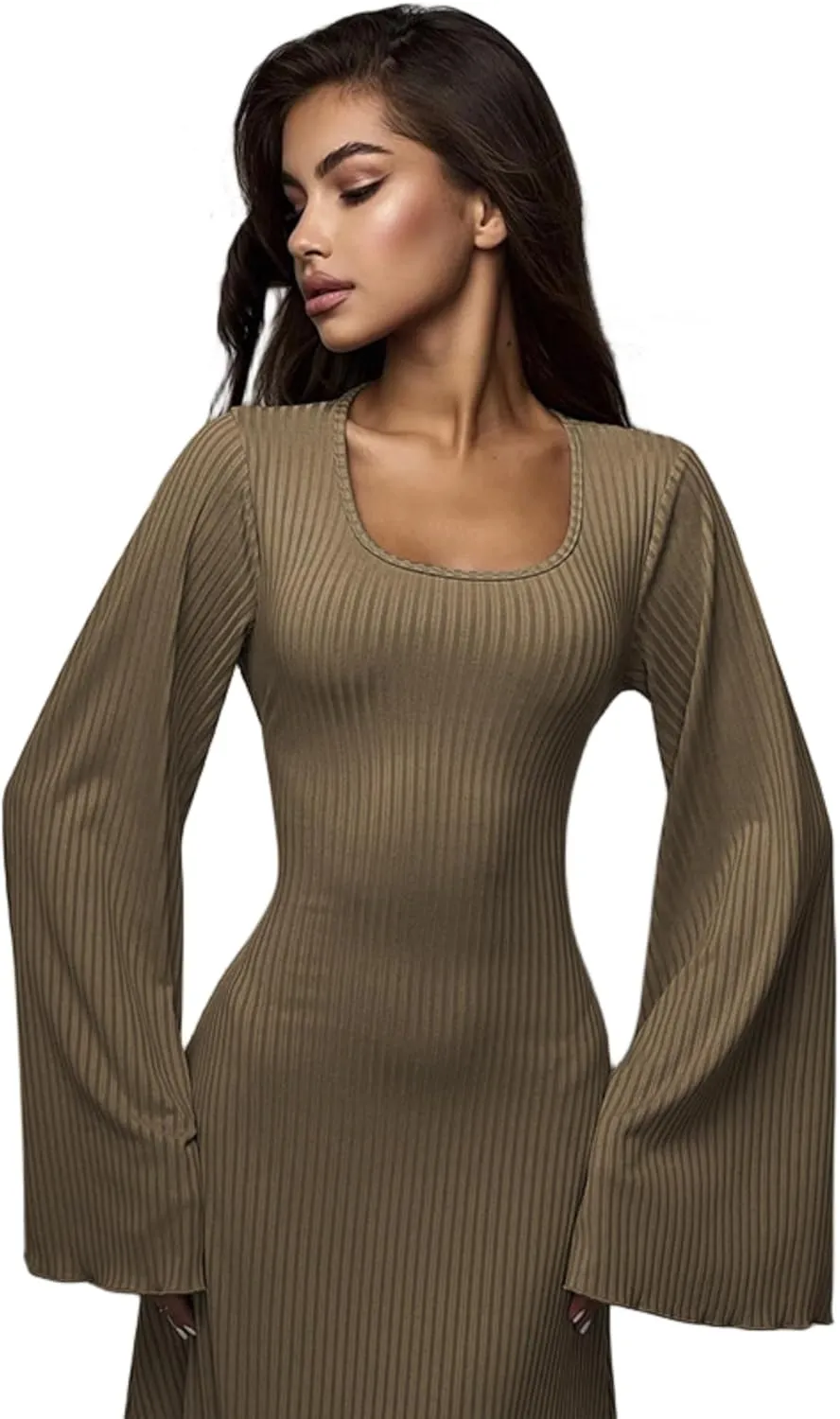 ZGMYC Women's Scoop Neck Lace Up Ribbed Maxi Dress Knit Flare Sleeve Bodycon Dress Loose Casual Long Dresses