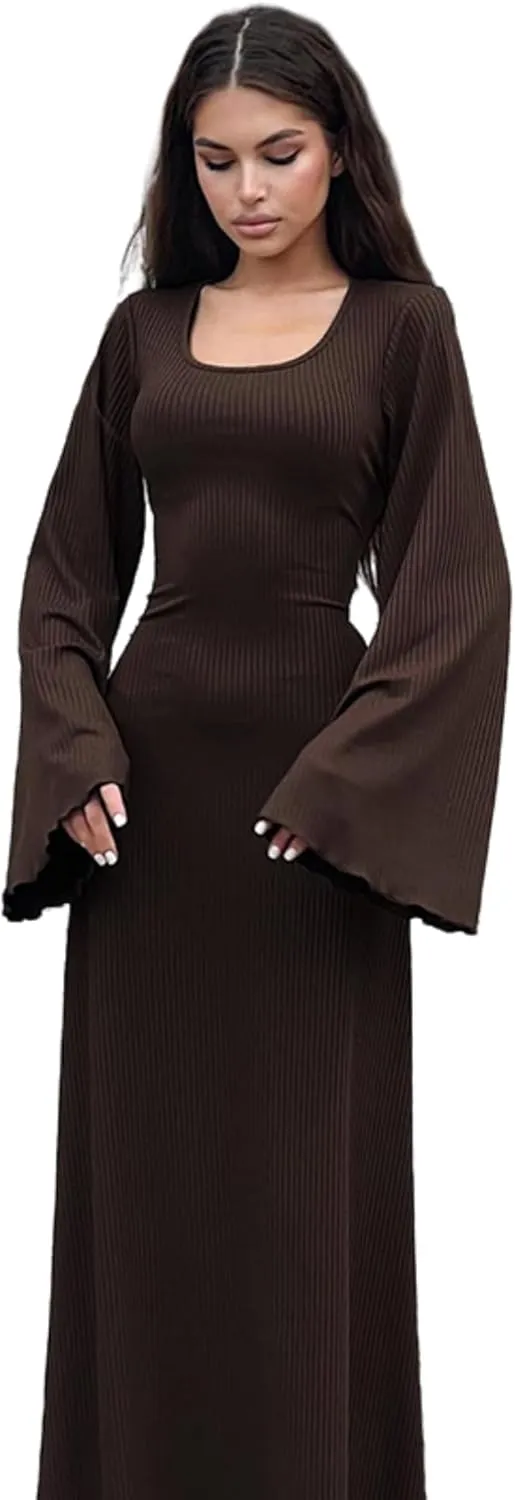 ZGMYC Women's Scoop Neck Lace Up Ribbed Maxi Dress Knit Flare Sleeve Bodycon Dress Loose Casual Long Dresses