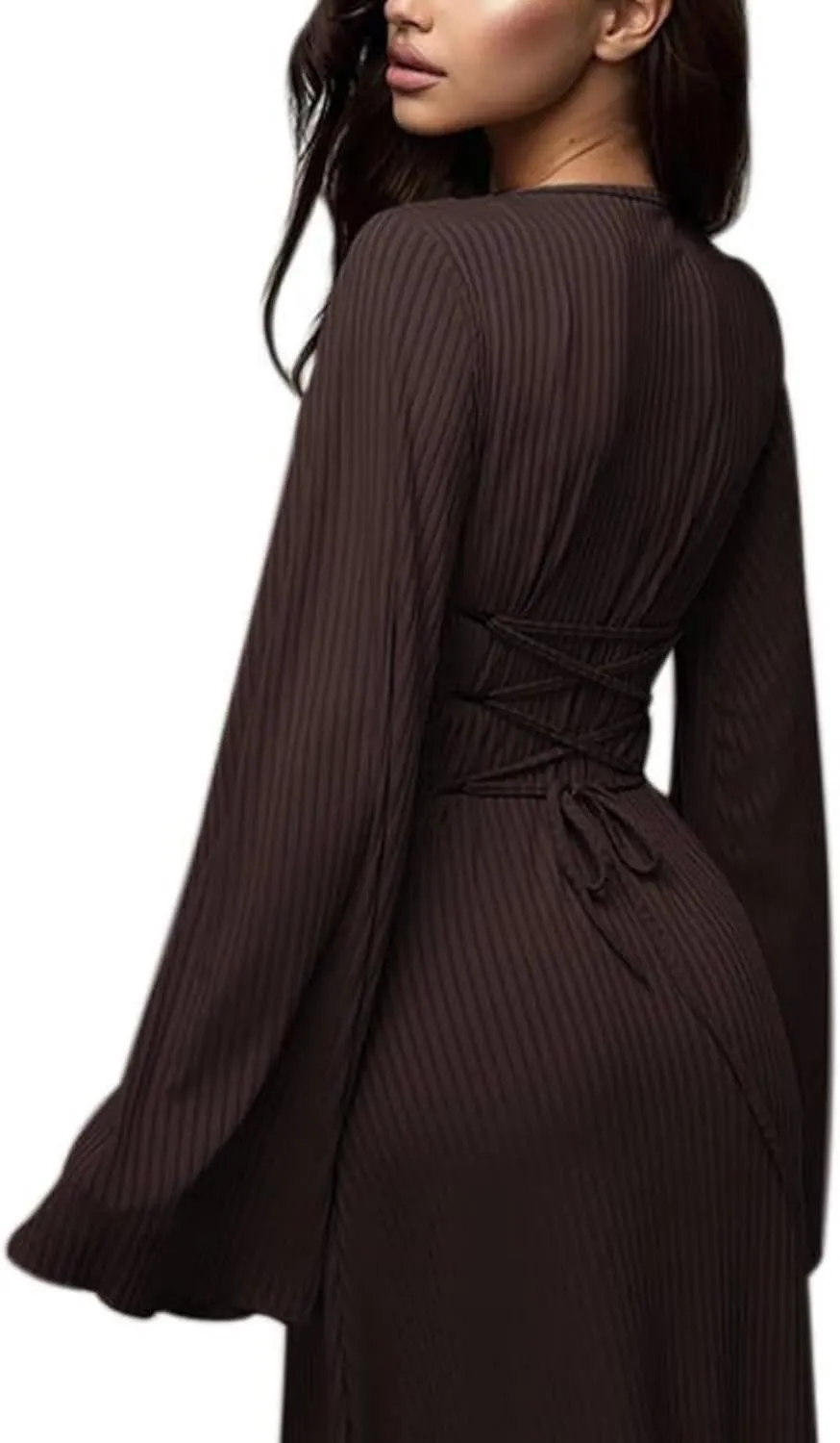 ZGMYC Women's Scoop Neck Lace Up Ribbed Maxi Dress Knit Flare Sleeve Bodycon Dress Loose Casual Long Dresses