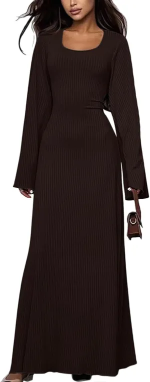 ZGMYC Women's Scoop Neck Lace Up Ribbed Maxi Dress Knit Flare Sleeve Bodycon Dress Loose Casual Long Dresses