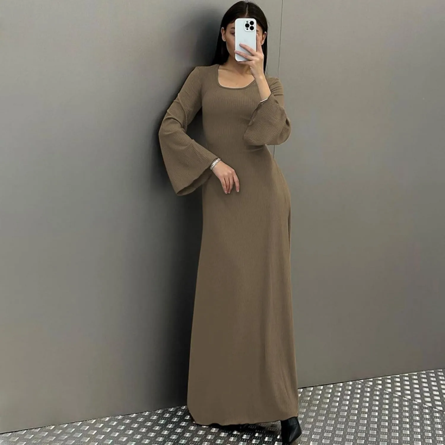 ZGMYC Women's Scoop Neck Lace Up Ribbed Maxi Dress Knit Flare Sleeve Bodycon Dress Loose Casual Long Dresses