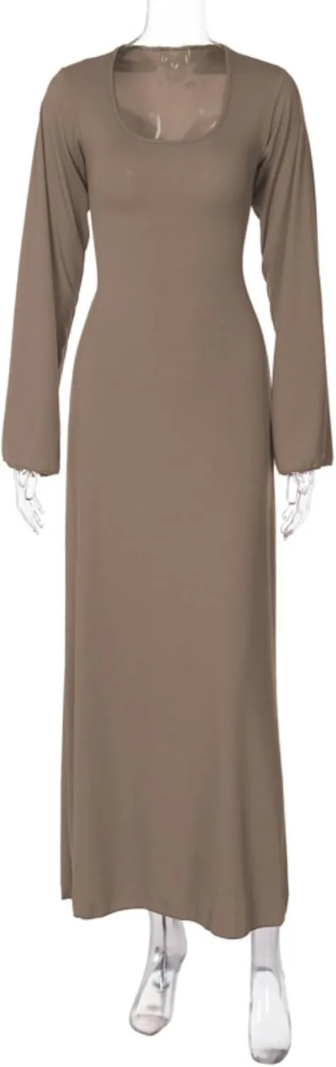 ZGMYC Women's Scoop Neck Lace Up Ribbed Maxi Dress Knit Flare Sleeve Bodycon Dress Loose Casual Long Dresses