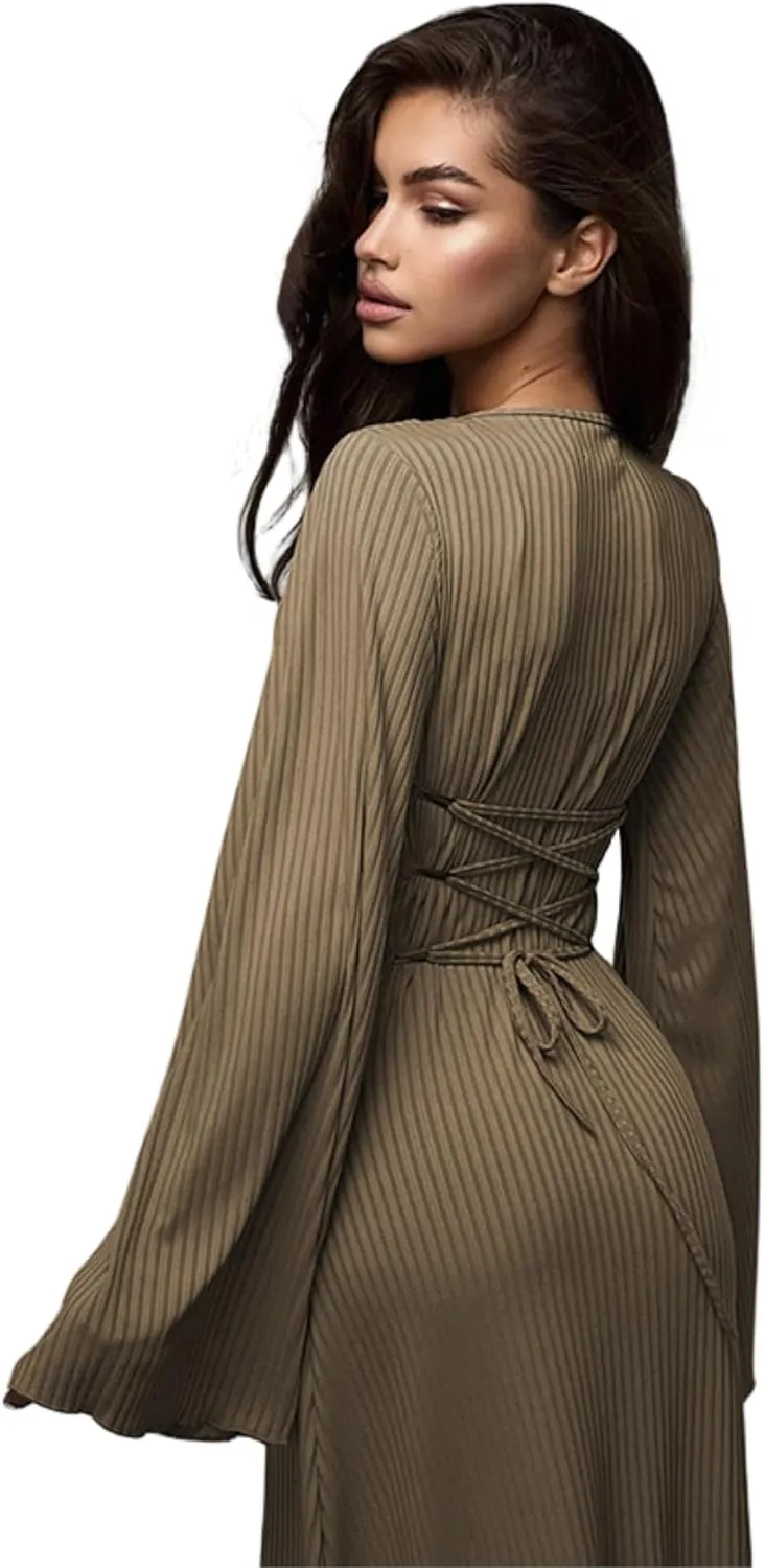 ZGMYC Women's Scoop Neck Lace Up Ribbed Maxi Dress Knit Flare Sleeve Bodycon Dress Loose Casual Long Dresses